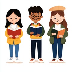 Fototapeta premium Three Cartoon Characters Reading Books and Enjoying Literature