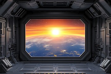 Obraz premium Inside a spaceship looking at the sunset over the Earth