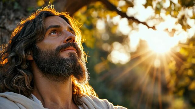 Jesus Christ sitting at fig tree looking at fig with no fruit 