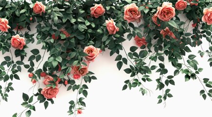 Elegant pink roses on verdant vines against a white background.