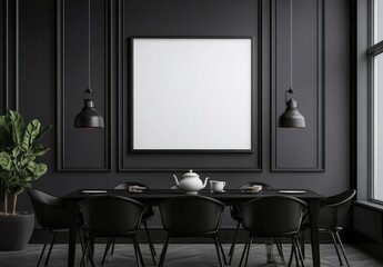 Modern, black dining room, empty frame, tea set on table, large windows