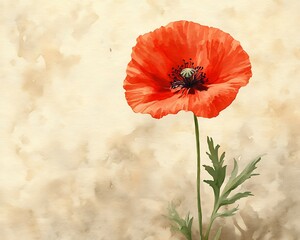 A vibrant red poppy flower with green leaves depicted in watercolor