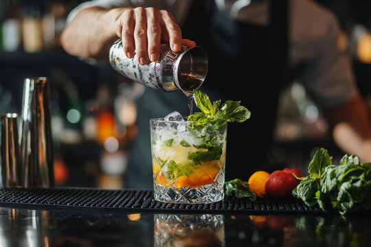 A bartender prepares cocktails at a chic hotel bar, pouring drinks with precision as elegant glasses and fresh ingredients line the counter, reflecting the art of mixology.