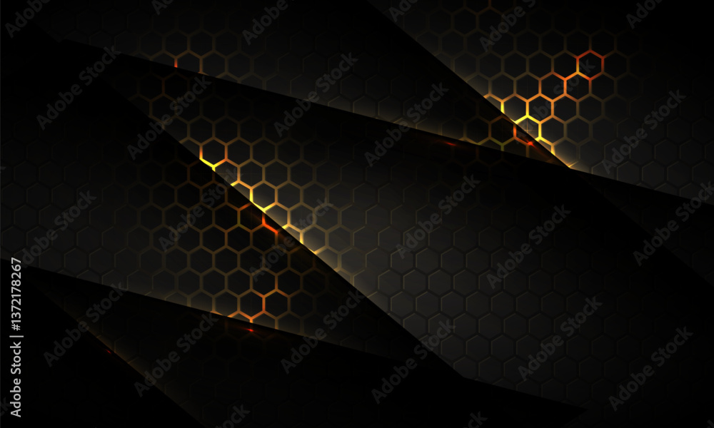 Poster Dark hexagon gaming abstract vector background with yellow and orange colored bright flashes. Vector illustration with honeycomb texture grid