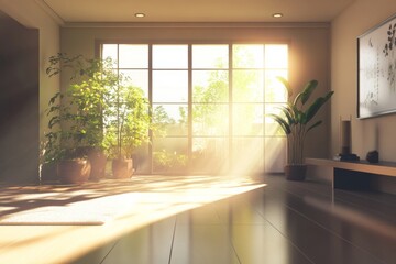 A modern home interior with a minimalist design, featuring clean lines, neutral tones, sleek furniture, and natural light streaming through large windows