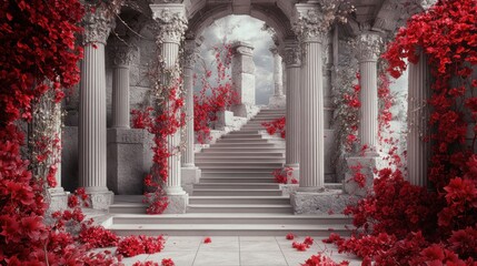 Ancient ruins, floral archway, serene background, 3D render, stock photo