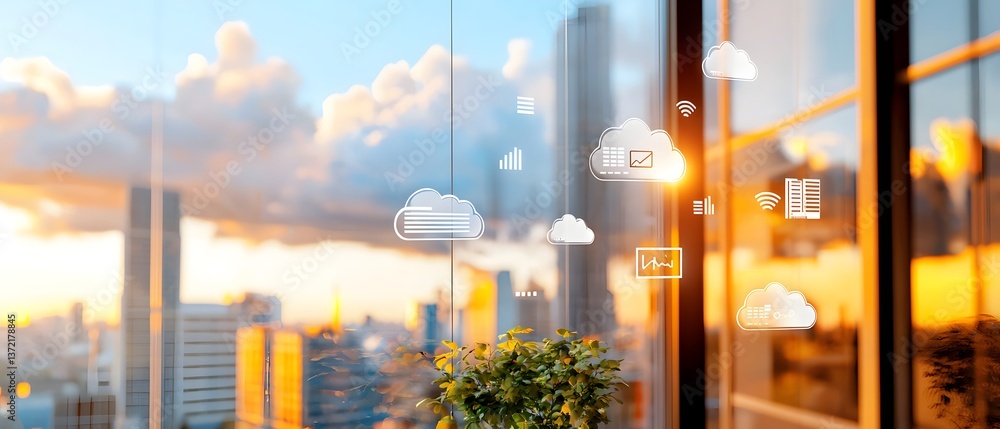 Aufkleber cloud computing interface with network security features urban high-rise digital technology sunset c