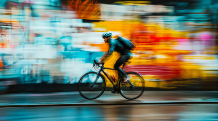 Naklejka premium Cycling adventure through vibrant urban mural city street action scene energetic environment dynamic viewpoint