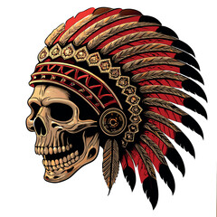 Skull wearing native American headdress side  