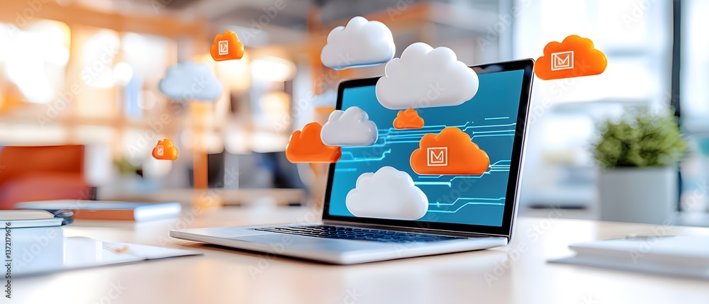 Poster conceptual cloud server with digital encryption office space digital illustration modern environment