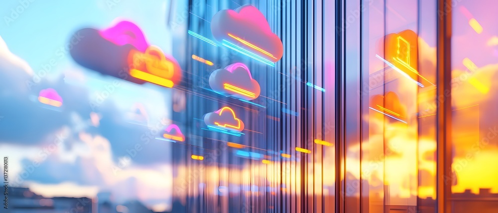 Poster dynamic cloud network visualization urban cityscape digital art evening atmosphere aerial perspectiv