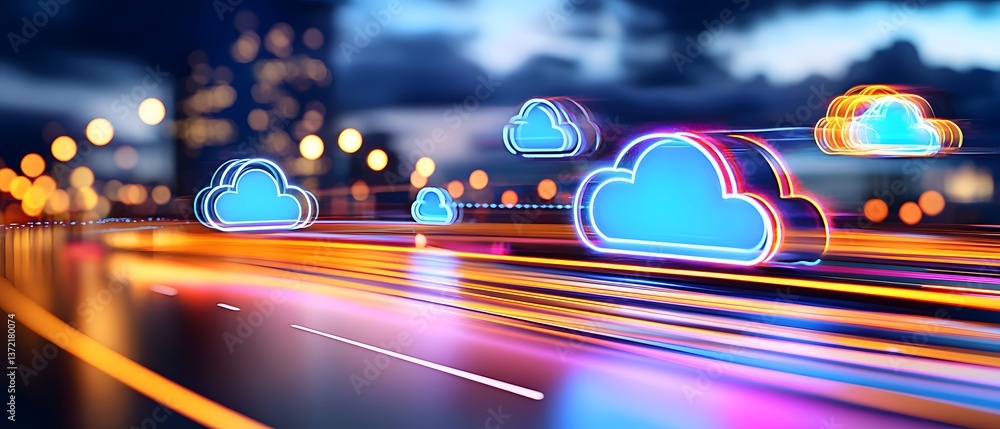 Poster dynamic cloud network visualization with secure encryption urban cityscape digital art nighttime fut