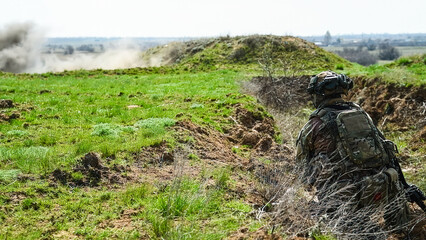 Modern Russian soldiers during training at the training ground.