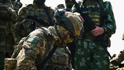 Fototapeta premium Modern Russian soldiers during training at the training ground
