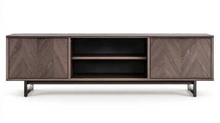 A premium entertainment center with built-in shelving, modern and elegant, isolated on a clean white background,