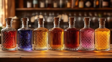 Colorful liquors in glass bottles on bar counter with blurred background