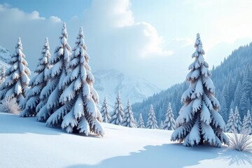 Fototapeta premium Isolated white cypress branches in a frozen landscape, snow, evergreen, winter