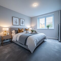 New grey carpet in a modern British bedroom.