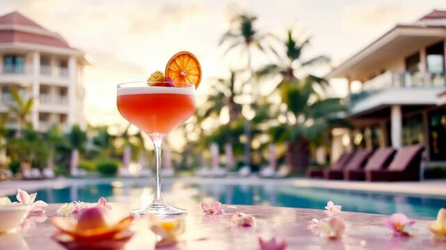 Summer cocktail with palm leaves and tropical flowers on background. Sunny party by pool. Glass of cold refreshing aperitif alcoholic drink. Vacation at beach resort. Travel concept banner. copy space