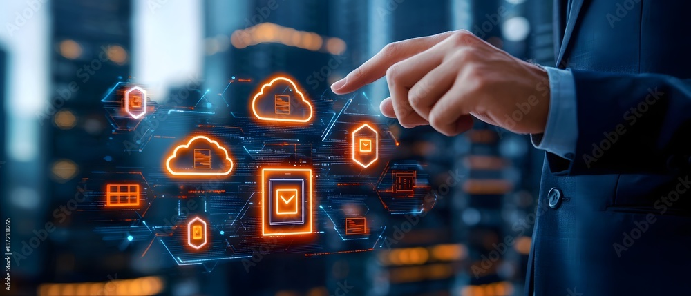 Poster interacting with virtual cloud interface urban setting digital technology high-tech environment clos