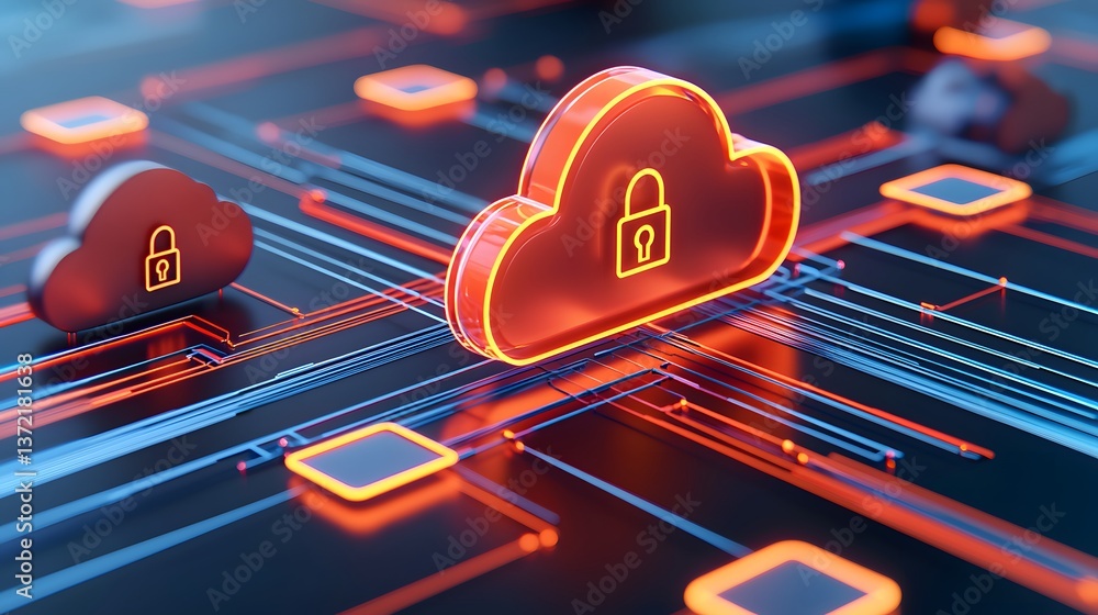 Poster secure cloud system with digital shields technology hub digital artwork cybersecurity environment fu
