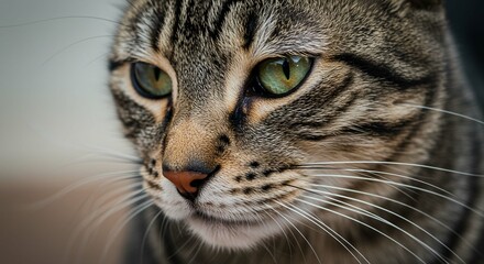 Fototapeta premium Close up Portrait of a Tabby Cat with Striking Green Eyes Detailed Fur and Whiskers