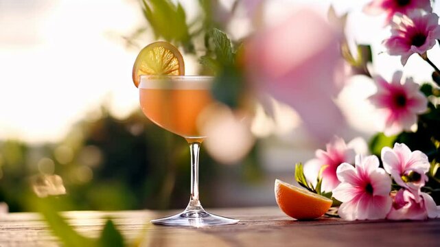 Summer cocktail with palm leaves and tropical flowers on background. Sunny party by pool. Glass of cold refreshing aperitif alcoholic drink. Vacation at beach resort. Travel concept banner. copy space
