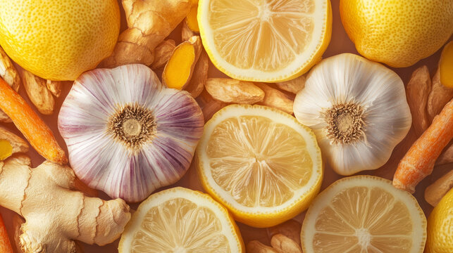 Citrus and garlic health benefits kitchen food photography bright overhead wellness insights