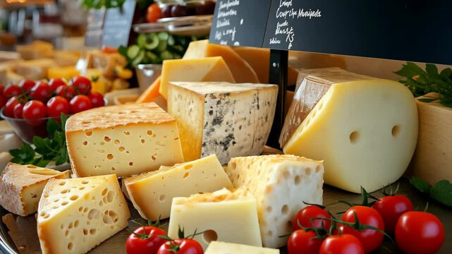various type of Cheese at market, selling cheese at local market bustling shopping street	
