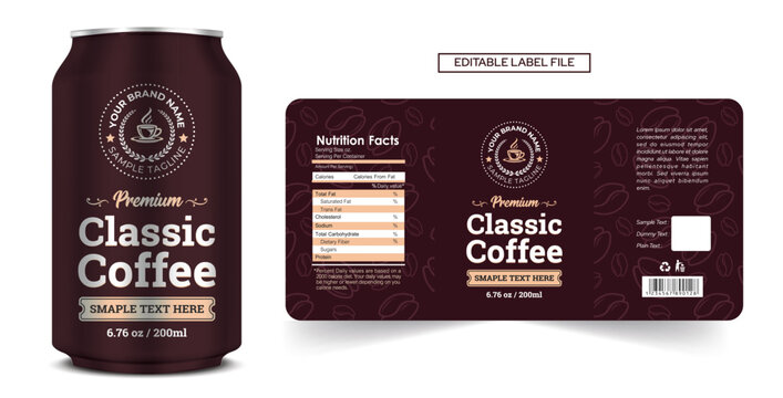 Cold Coffee Label Design, Classic Coffee can drink label packaging design with die line illustration layout, Minimalist Cold Brew Coffee label print ready editable template download