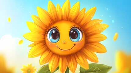 Happy Sunflower Cartoon with Bright Petals and Smiling Face on Sunny Day