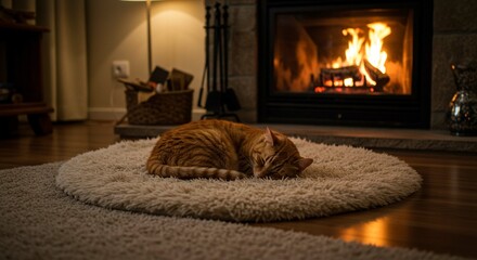 Cozy Orange Tabby Cat Napping on Fluffy Rug by Fireplace