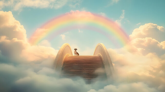 A pastel-colored rainbow bridge arches over soft clouds with a dog waiting lovingly at the end on Rainbow Bridge Remembrance Day
