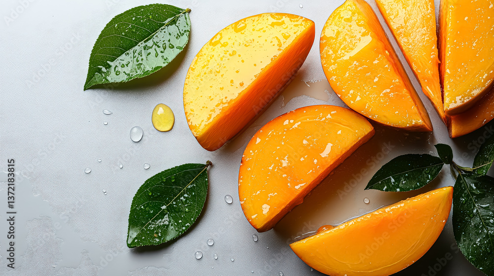 Poster close up of a slice of orange with a leaf on top. the orange slices are cut in half and arranged in 