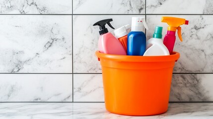 Cleaning supplies in an orange bucket
