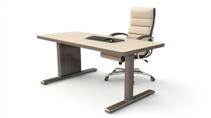 Fototapeta premium A professional office chair and table set, ergonomic and modern, isolated on a seamless white background,