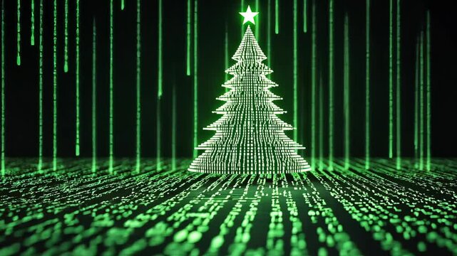 Digital representation of a Christmas tree emerging from a sea of binary code in a dark environment