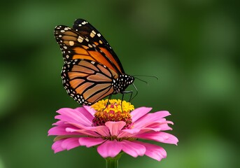 Naklejka premium Monarch Butterfly Pollinating Pink Zinnia Flower in Garden Close Up