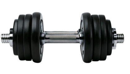 A pair of black dumbbells with metallic handles, isolated on a transparent background