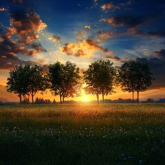 Trees and sunset on the grassy field