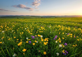 Fototapeta premium Blooming Meadow at Sunset with Wildflowers in Summer Field