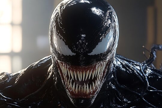 A close up portrait of a menacing figure with large teeth
