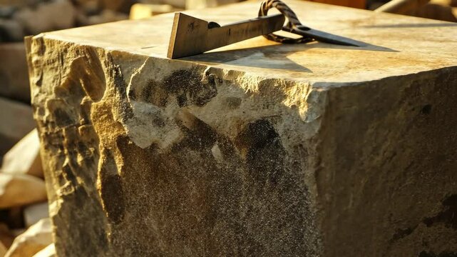 Detailed close-up of a stone block with carving tools resting on the surface at a stone workshop in the golden morning light