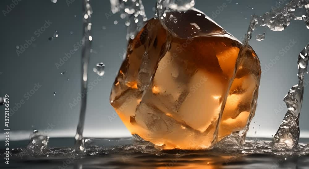 Poster ice cubes splashing into clear water in slow motion on black background 4k
