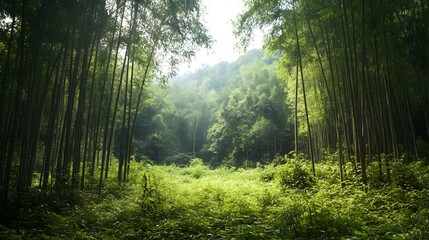 Obraz premium Serene Bamboo Forest Lush Greenery and Tranquil Sunlight
