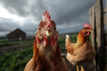Curious chickens on a farm under a cloudy sky