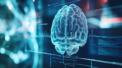 A futuristic AI powered wearable health monitor, tracking real-time brain activity and providing mental wellness suggestions, medical setting