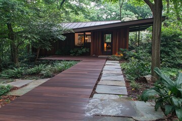 Obraz premium Modern wooden house with angled roof, stone pathway, and lush green forest setting