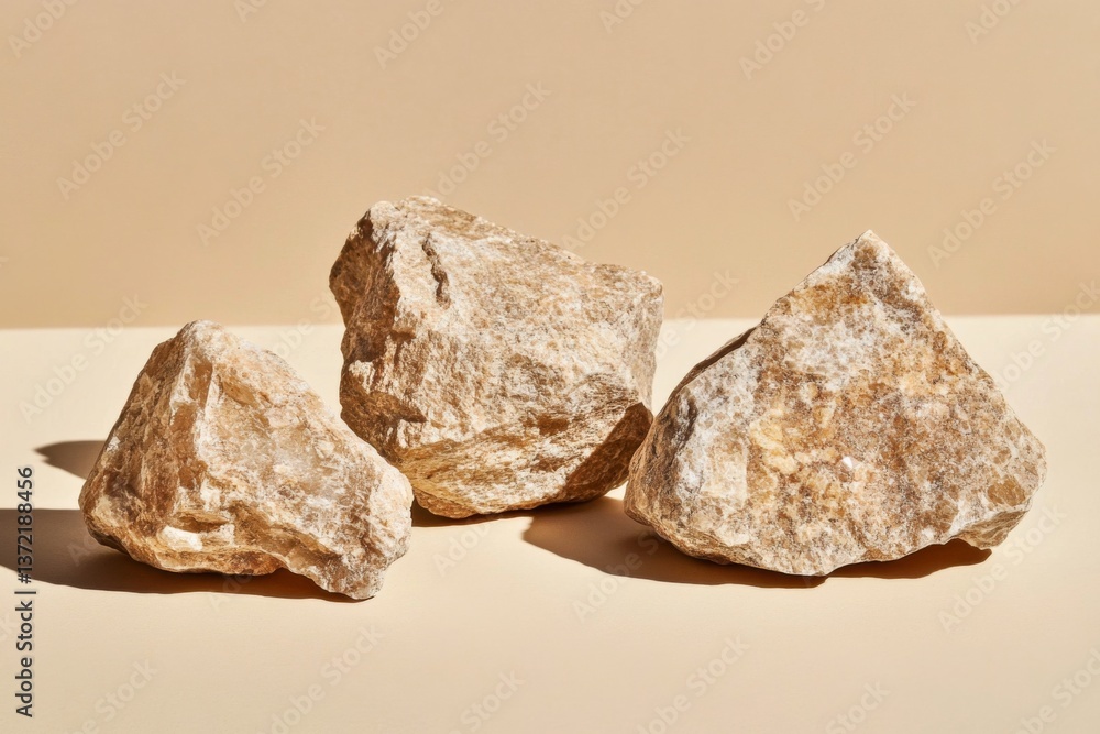 Poster minimalistic composition of three light-colored rocks in triangular formation on beige background wi