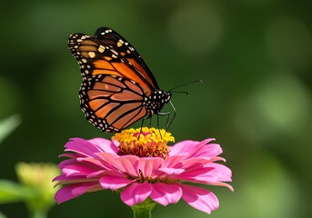 Fototapeta premium Monarch Butterfly Gathering Nectar From a Pink Zinnia Flower in Garden
